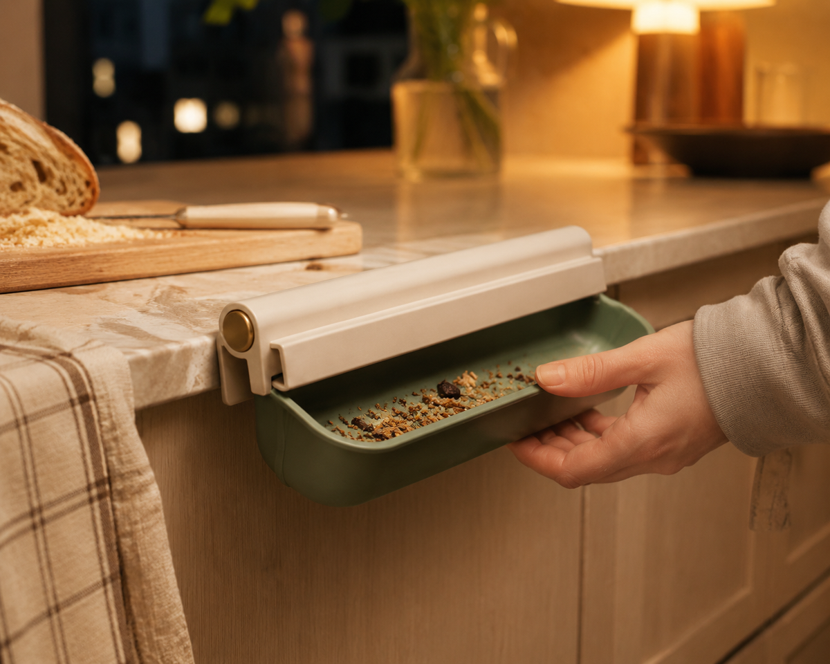 Crumb-Catch Counter Edge Rail – Countertop Crumb Catcher with Slide-Out Drawer
