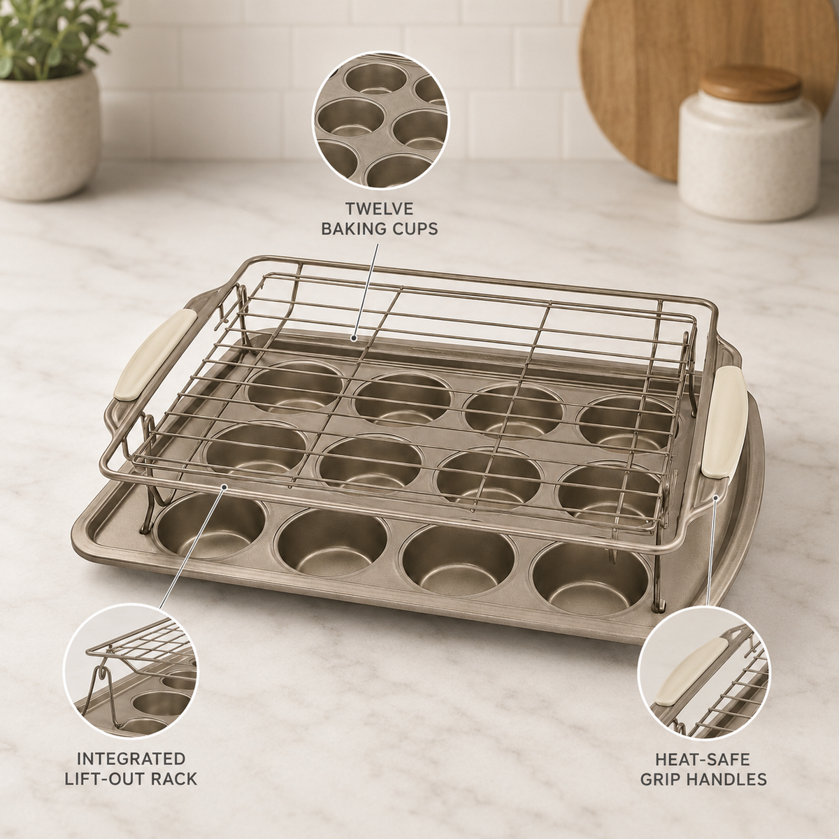 Lift & Cool Muffin Tray – 12-Cup Muffin Pan with Built-In Cooling Rack