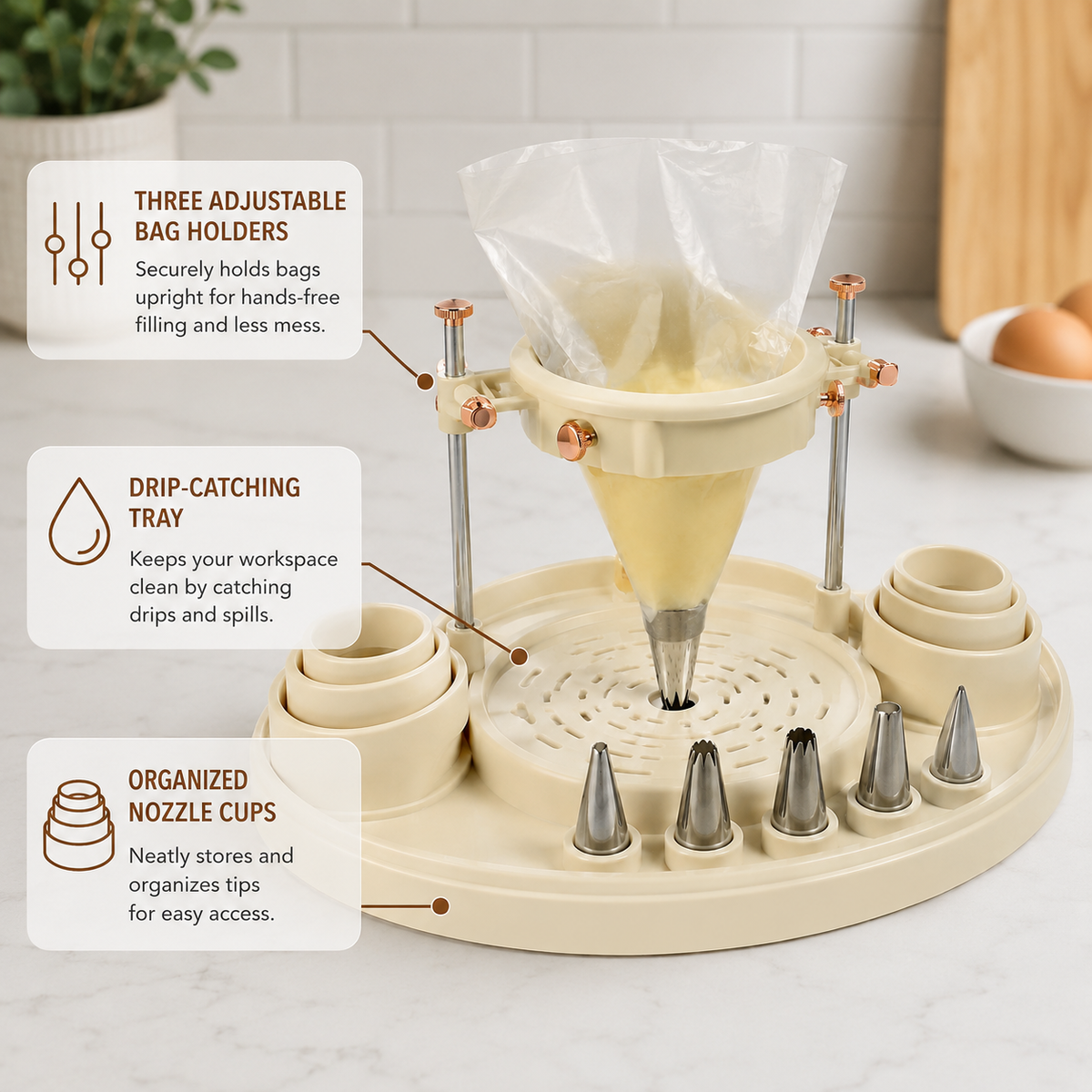 Fill-Control Piping Bag Dock – Hands-Free Piping Bag Holder Stand