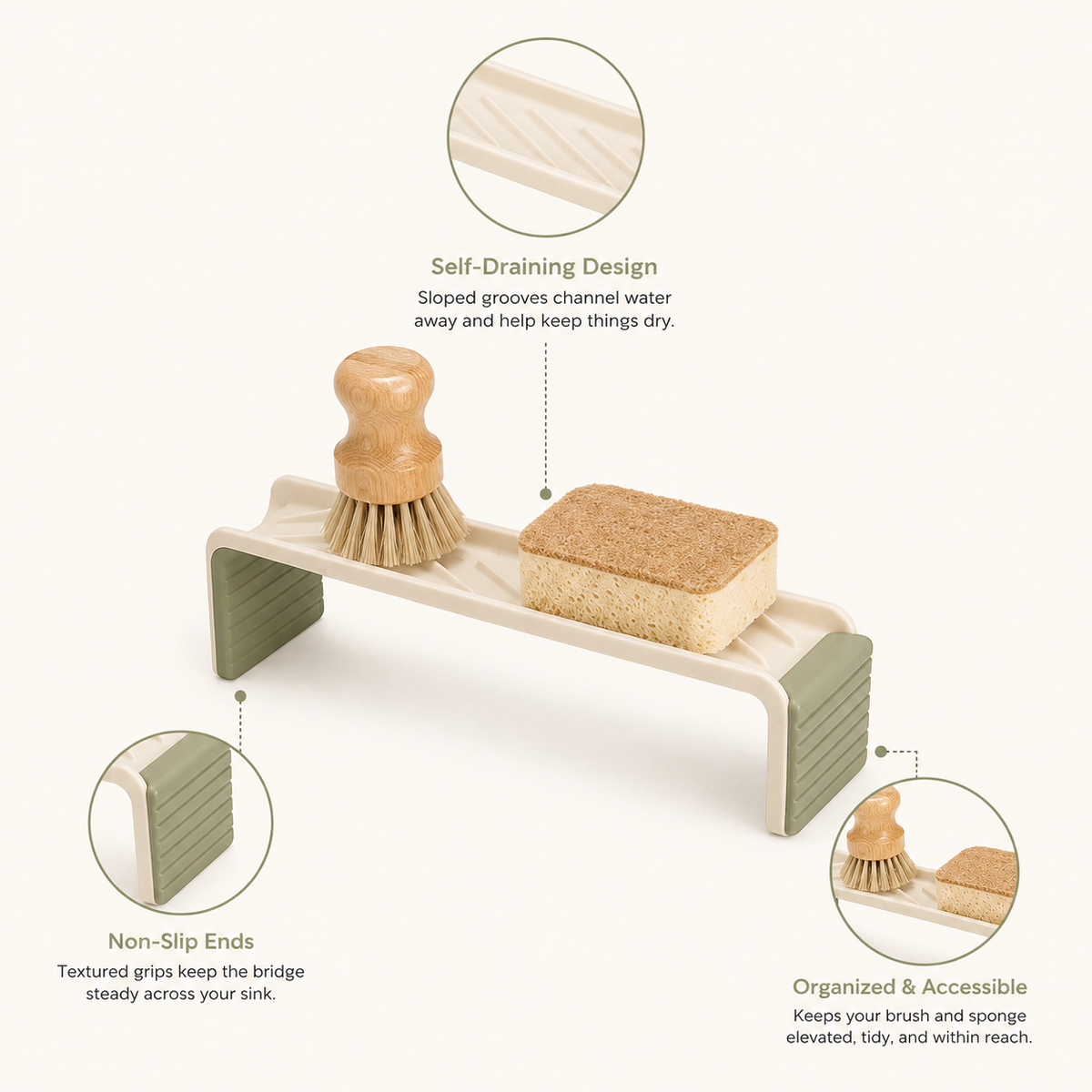 Self-Draining Brush & Sponge Bridge – Sink Organizer for Brushes & Sponges
