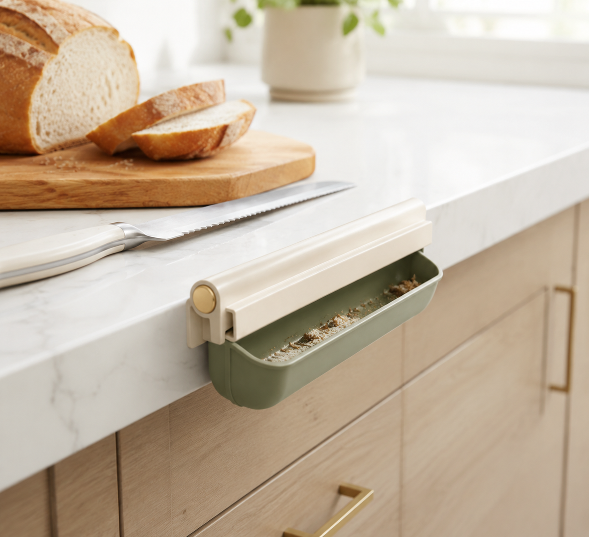 Crumb-Catch Counter Edge Rail – Countertop Crumb Catcher with Slide-Out Drawer
